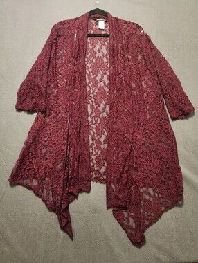 Double Take Cardigan Womens Size 3X Red Lace 3/4 Sleeve Floral Made In Usa